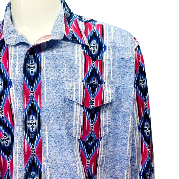 Wrangler Mens Western Pearl Snap Shirt Blue Pink Southwestern Print Size XXL - Picture 5 of 13